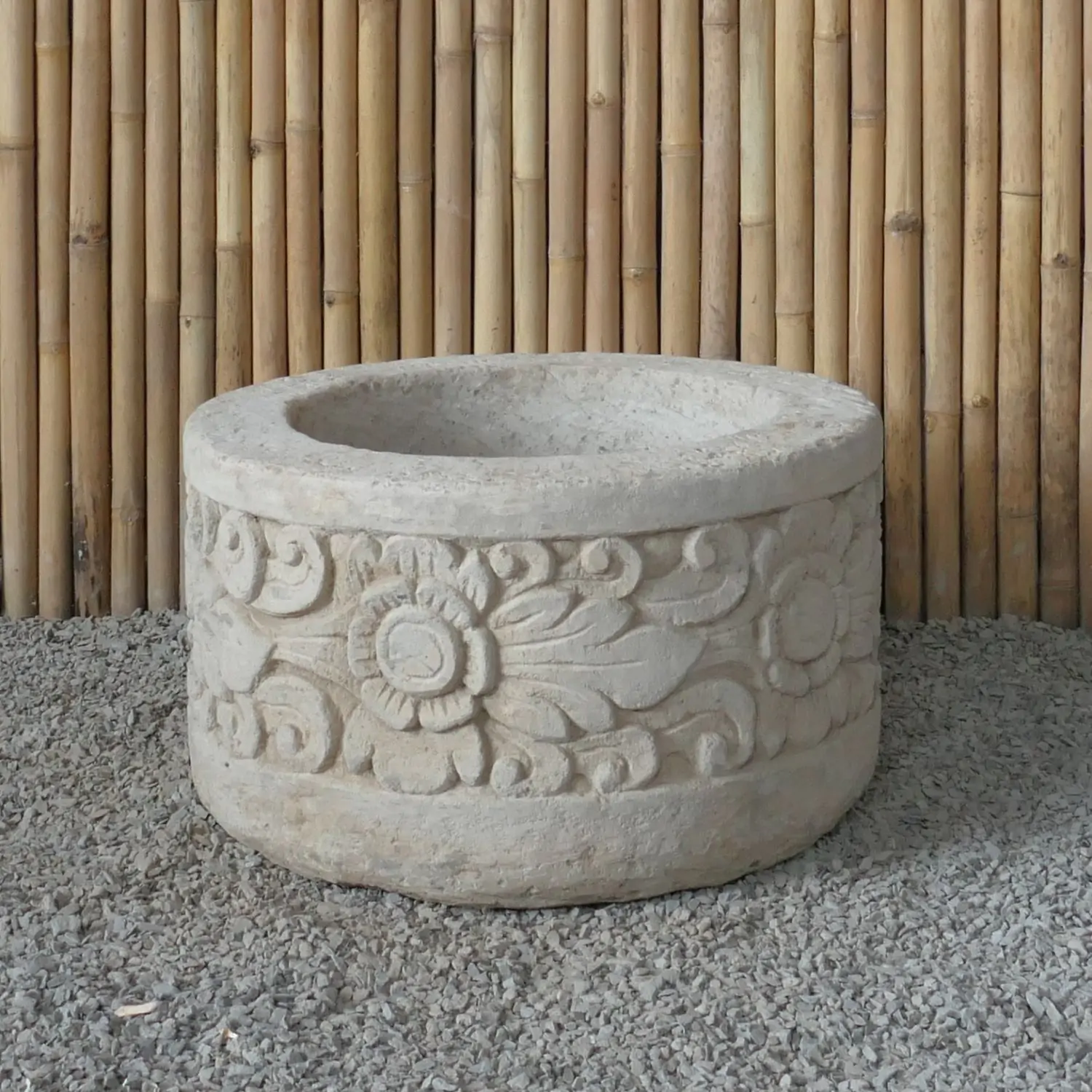  Product image 5 of the product “Balinese style tube round pot, with carving - 70cm Dia., 40 cm Height, Taro sand ”
